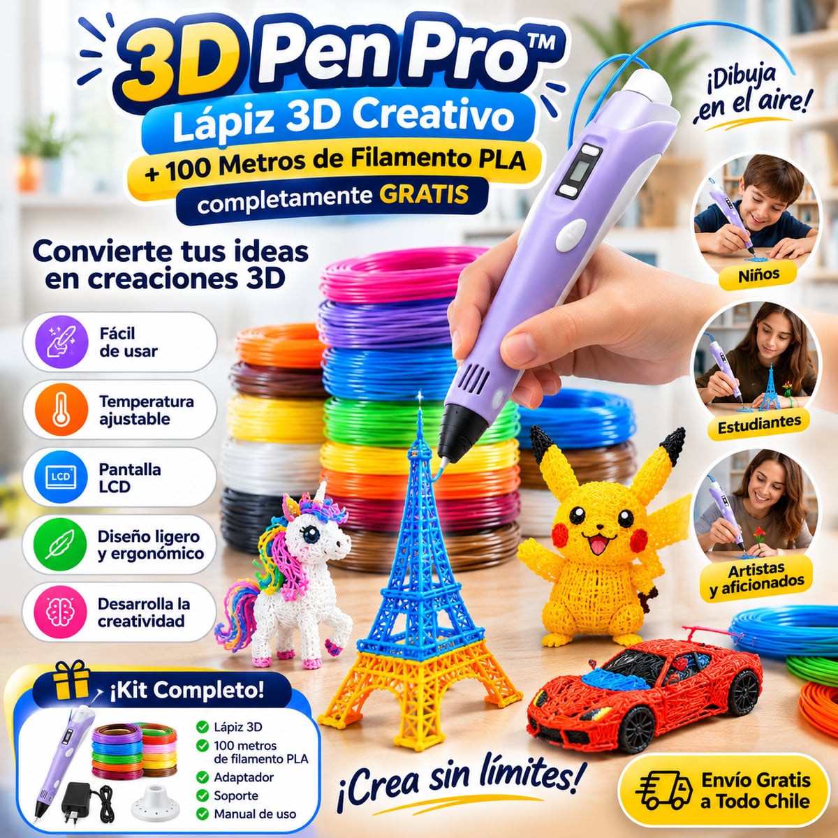 3D Pen Pro™ | Lápiz 3D Creativo + Filamento PLA completamente GRATIS
