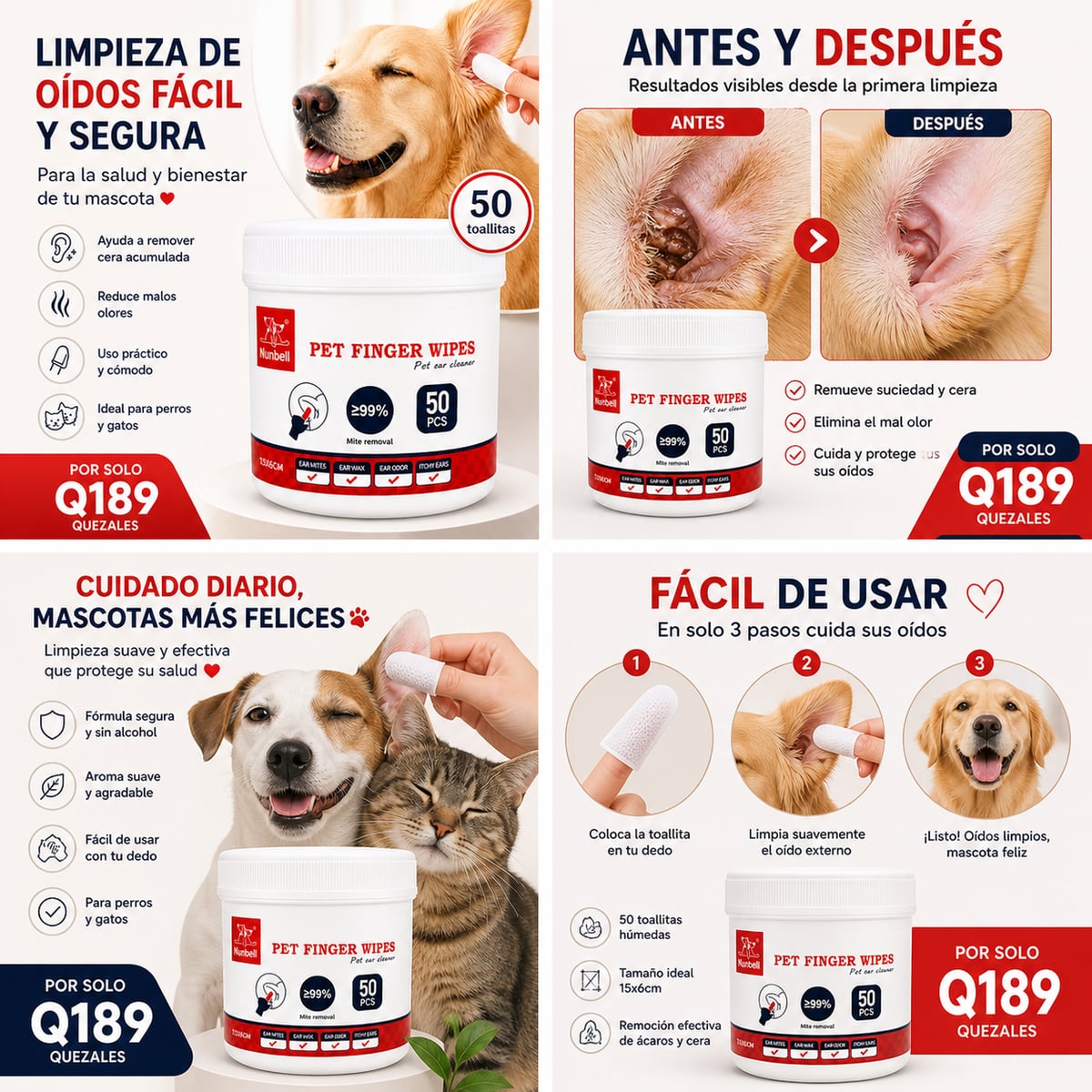 Toallitas tipo dedal para limpieza de oídos y boca para  mascotas