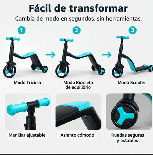 Scooter Infantil 3 en 1 🎁 con Diseño Convertible | ¡Tres Formas de Jugar!