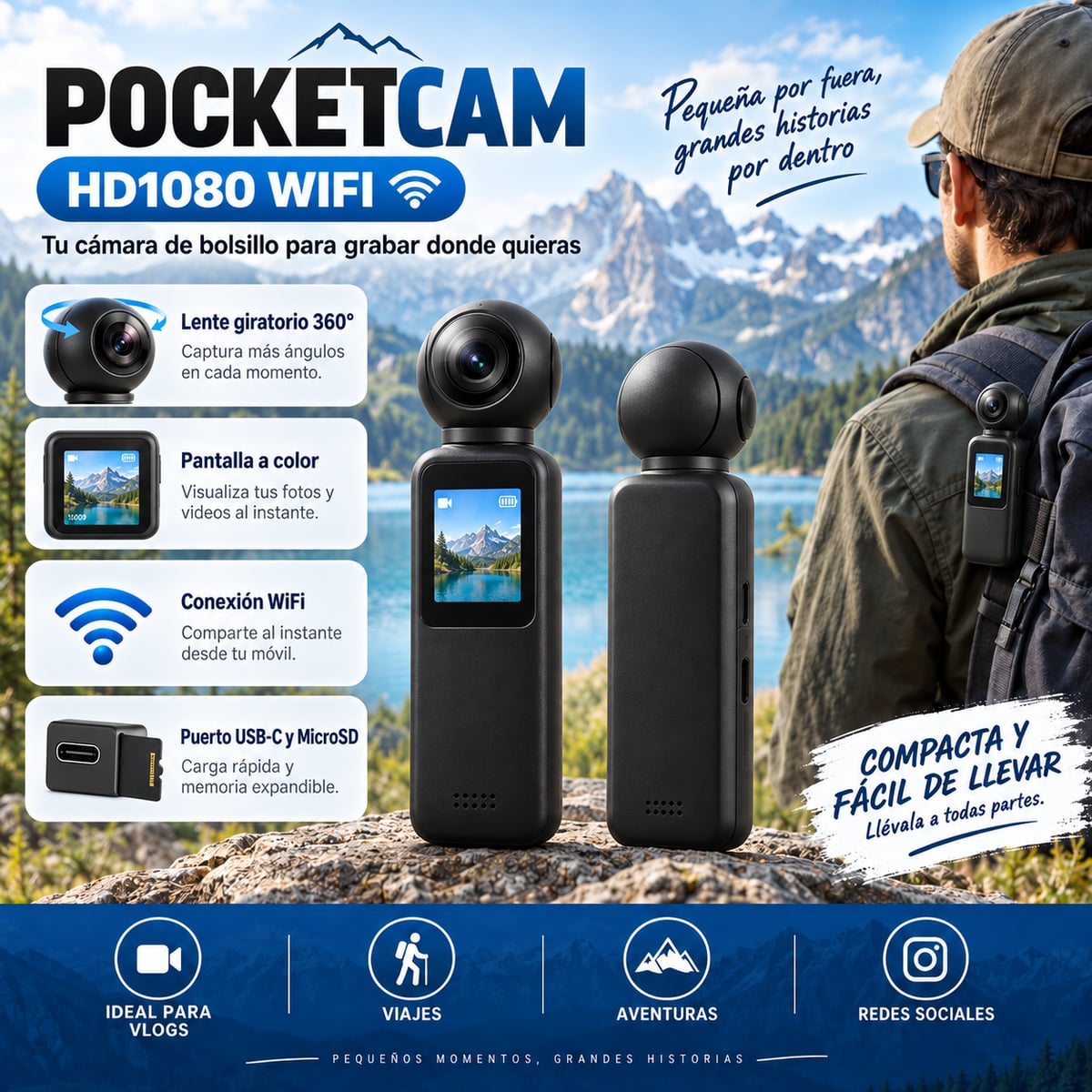 PocketCam WiFi Full HD 1080P – Cámara Portátil con Lente Giratoria 360°