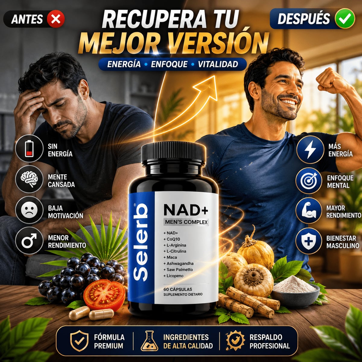 Selerb NAD+® Energía Celular, Soporte Prostático y Rendimiento Masculino, No esperes más, mejora tu rendimiento diario ahora aprovecha la oferta llevas 2 x tan solo 208 Quezales