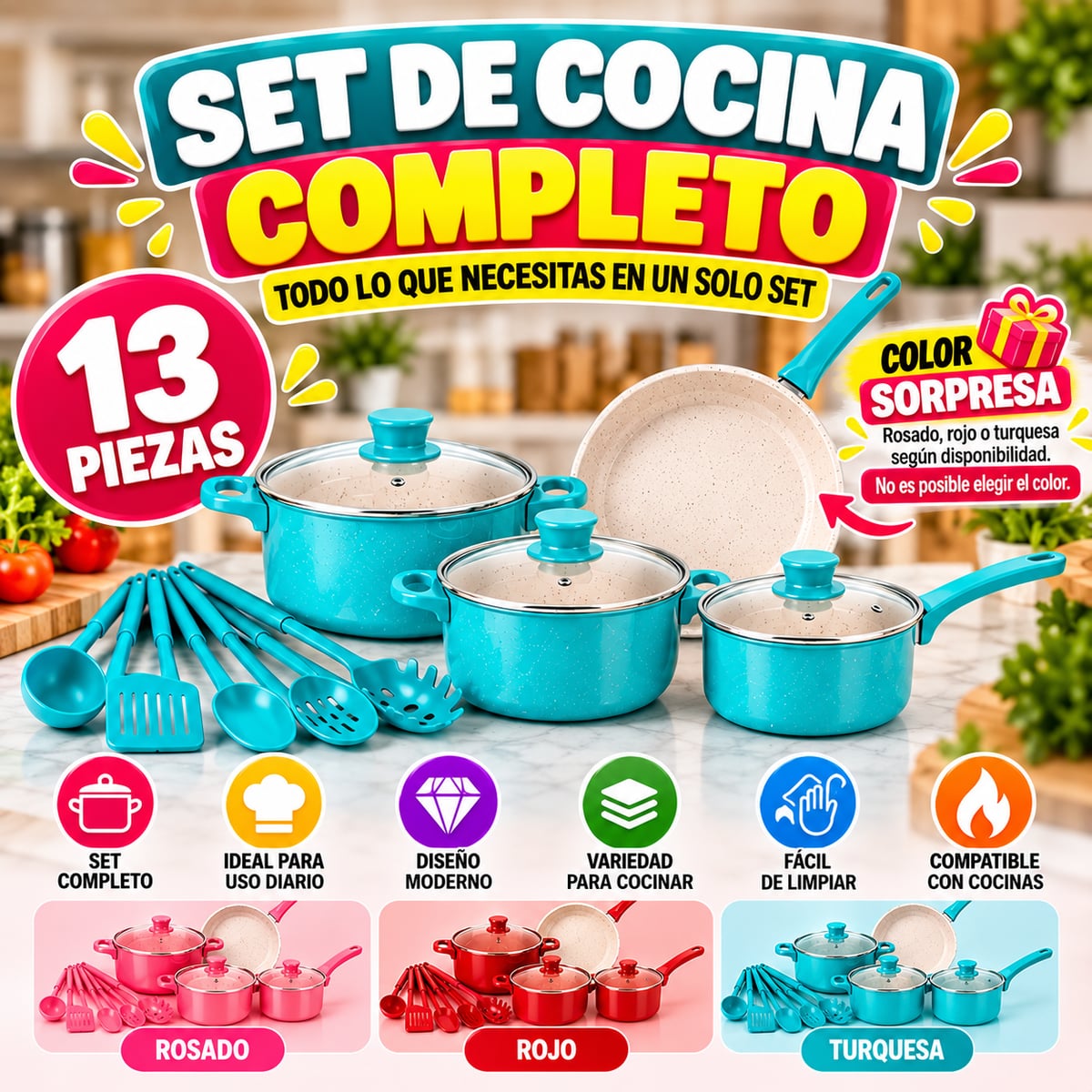 Set de ollas antiadherentes y utensilios de cocina (13 piezas)