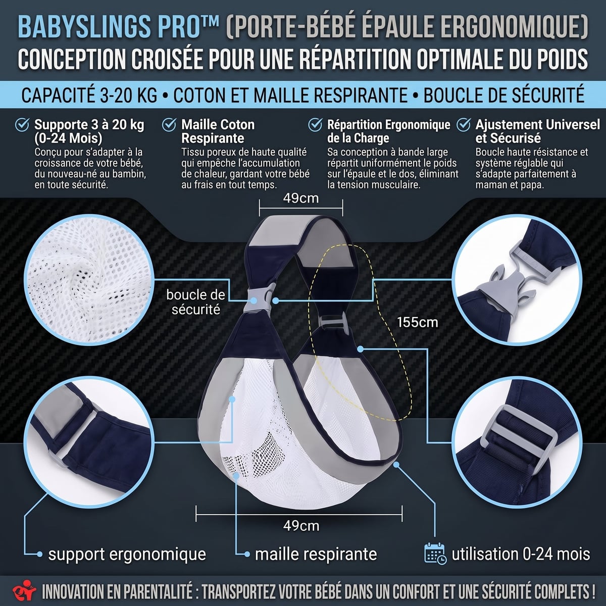 BABYSLINGS™ Portabebés Fular Ergonómico Tipo Bandolera