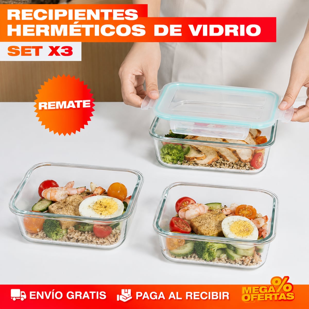 SET X3 RECIPIENTES DE VIDRIO HERMÉTICOS