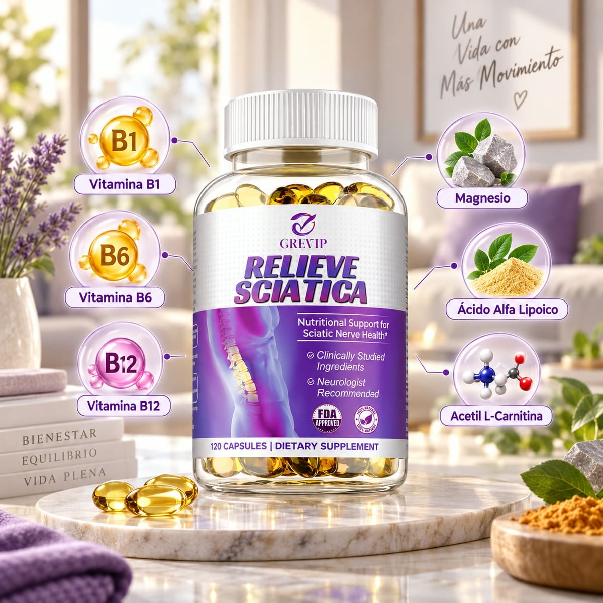 Relieve Sciatica - Apoyo Nutricional para el Nervio Ciático y Alivio del Dolor Lumbar - Recomendado por Neurólogos, empieza hoy