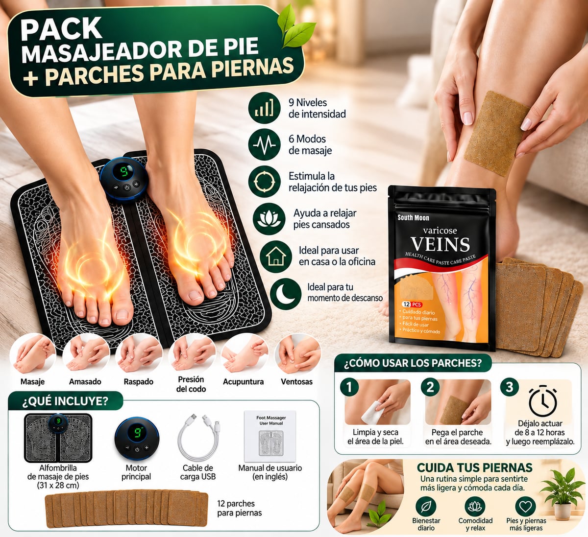 Pack Masajeador Pies + 12 Parches Para Varices
