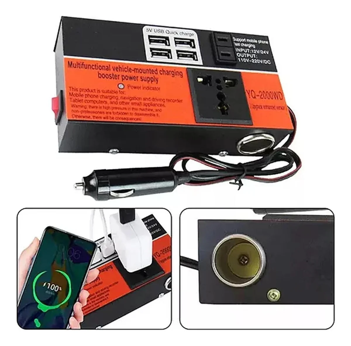 Inversor Viaje Auto Convertidor Corriente Multipropósito 12V 120V
