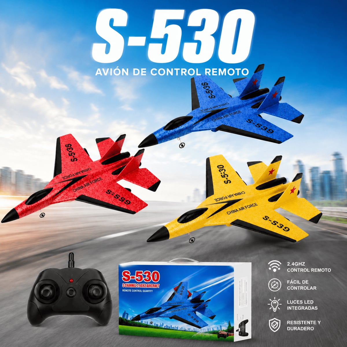 Avión caza S-530 Pro. Vuela Como Un Piloto de Combate — Colores al azar, mayormente azul.