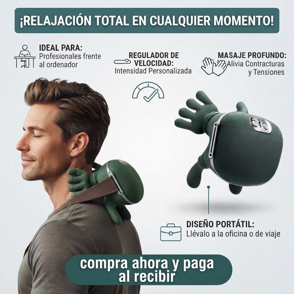 Masajeador de Cuello y Hombros Portátil Ergonómico con Manos de Simulación y Velocidad Ajustable