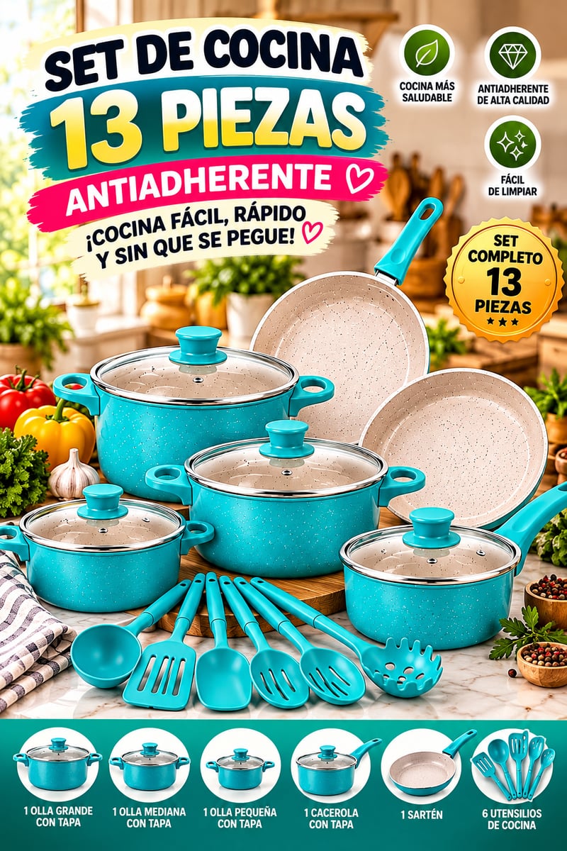🔥 ¡RENUEVA TU COCINA! SET ANTIADHERENTE DE 13 PIEZAS PARA COCINAR FÁCIL Y SIN QUE SE PEGUE 🍳