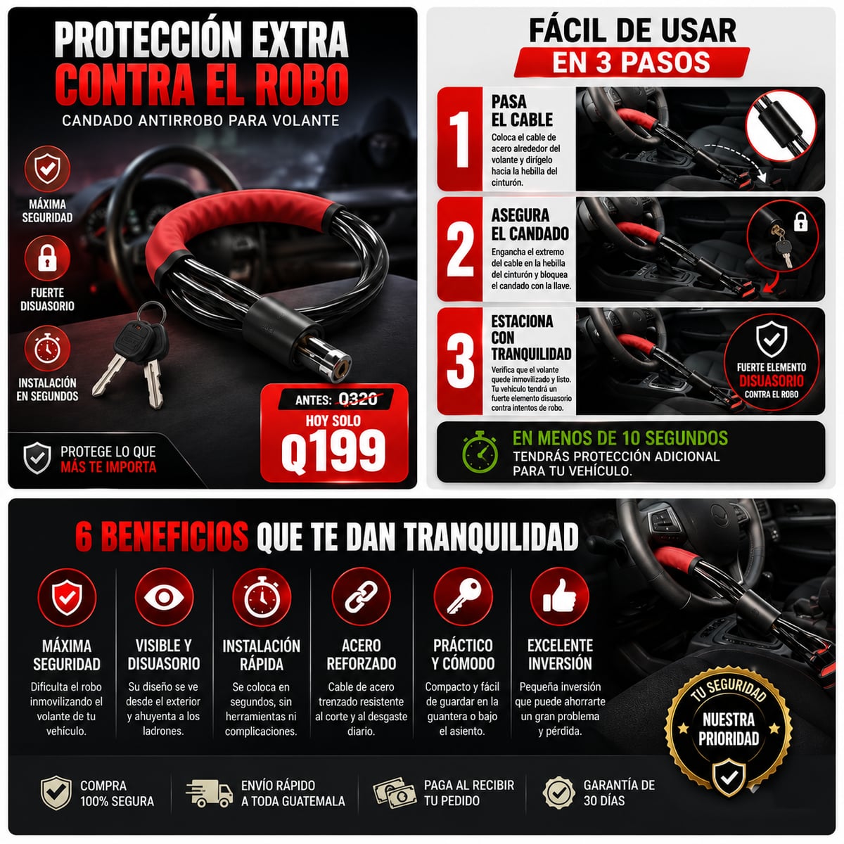 Protege tu Auto Candado Antirrobo de Volante Envío Gratis