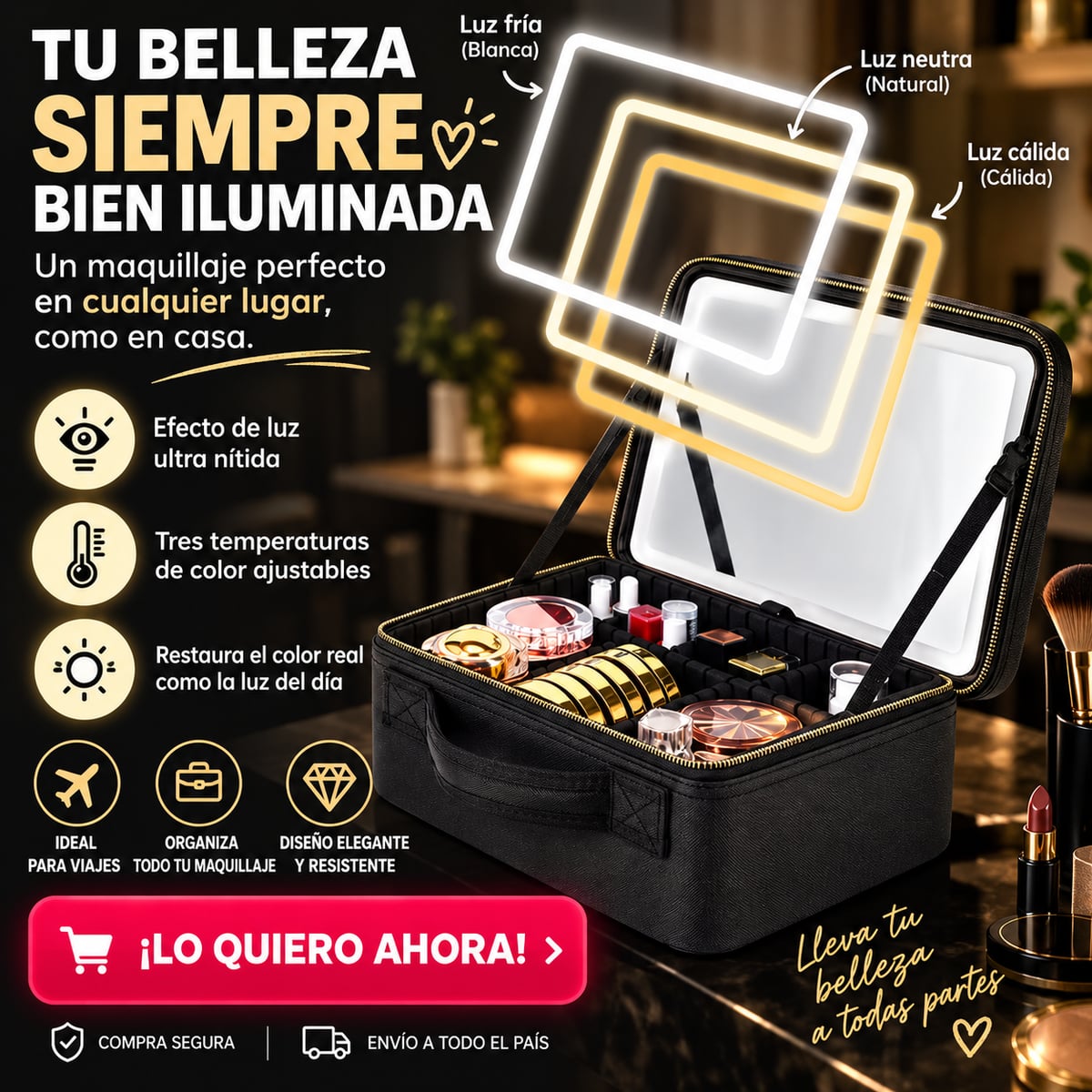 COSMETIQUERA ORGANIZADORA CON ESPEJO Y LUCES LED 