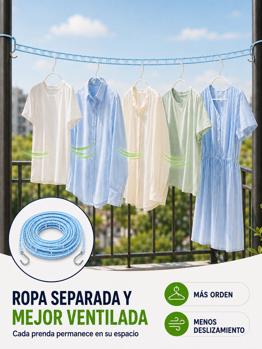 TENDEDERO ANTIVIENTO DE 8 METROS + 10 PINZAS | Mantén tu ropa separada y mejor ventilada