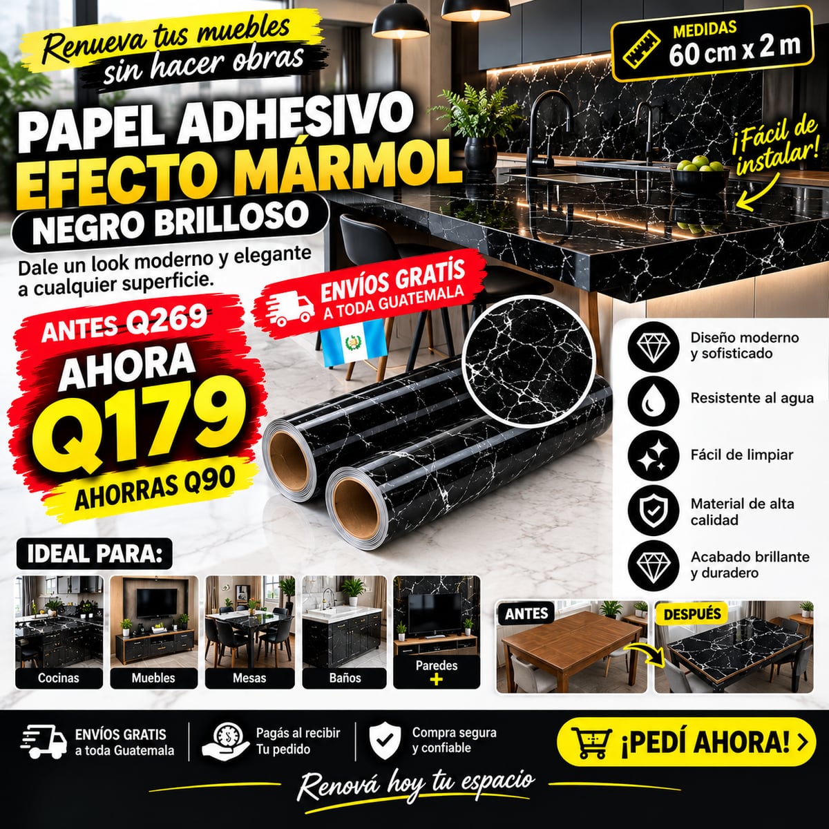 🔥 papel adhesivo mármol premium — renueva tu hogar por solo Q179 Y 2 POR 230 Q 🔥