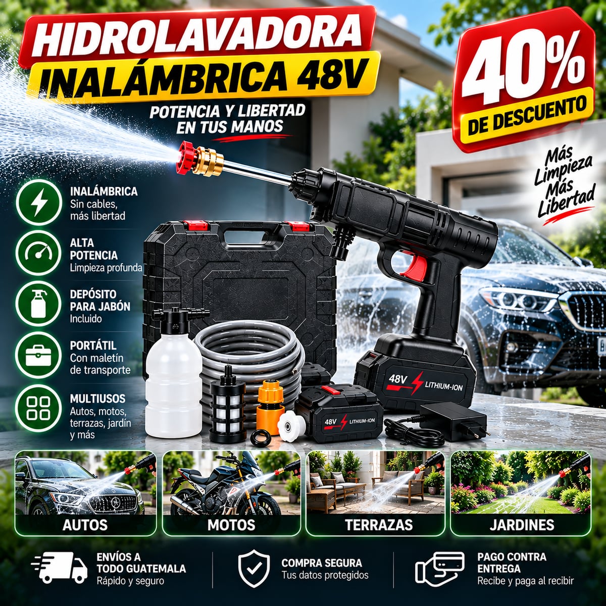 Hidrolavadora Inalámbrica™ de Alta Presión – Lava el Carro y el Patio Sin Mangueras