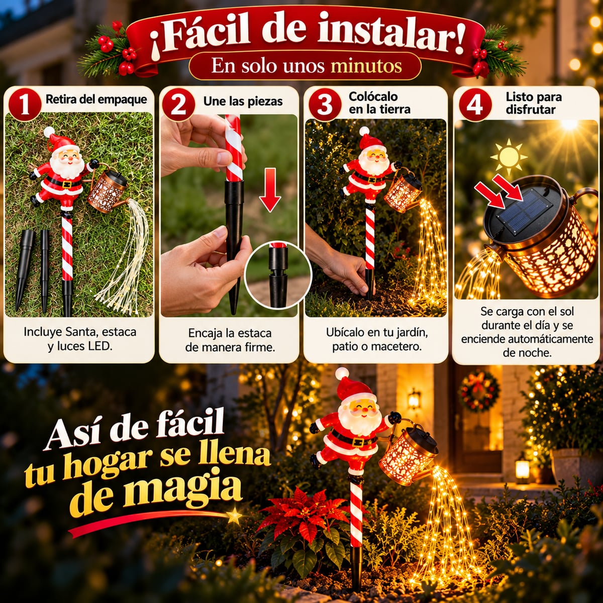 Santa Claus Solar con Cascada LED-Tu jardín con luz y magia navideña