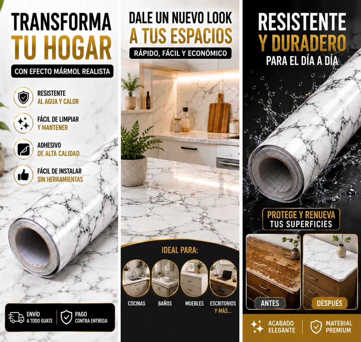 2x1 Rollo Papel Efecto Marmol negro