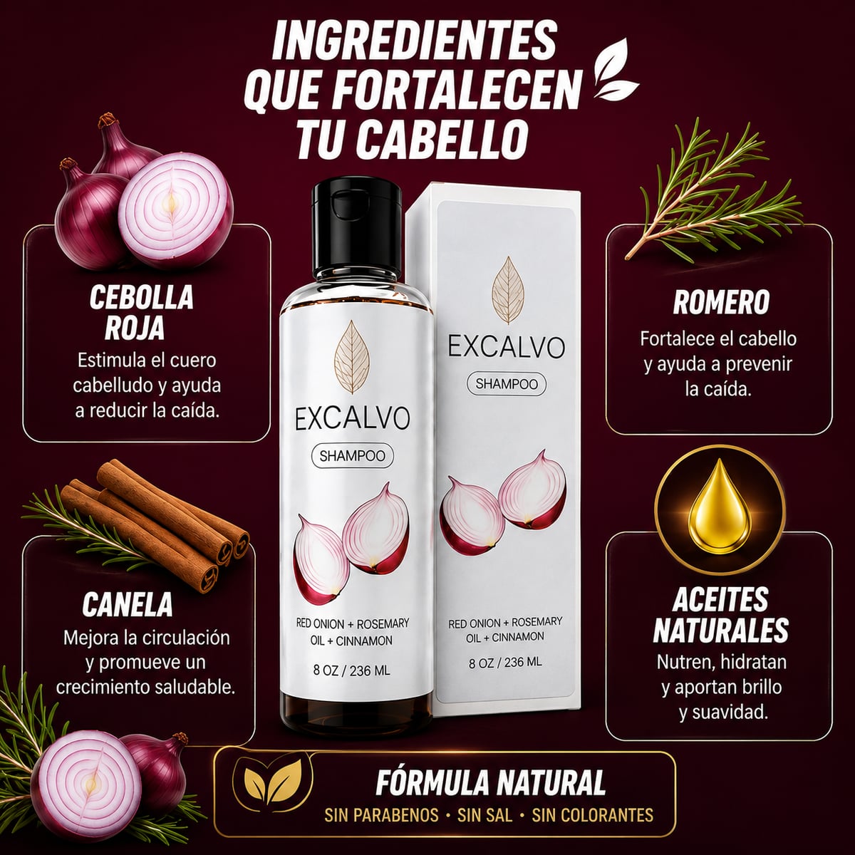 Shampo Excalvo / El poder de la Cebolla Morada: Menos caída, más densidad.