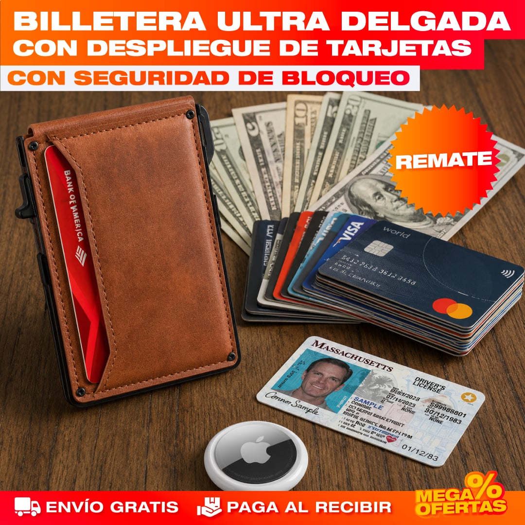 Billetera Slim con Despliegue de Tarjetas y Bloqueo RFID – Saca tus Tarjetas al Instante Sin Bulto