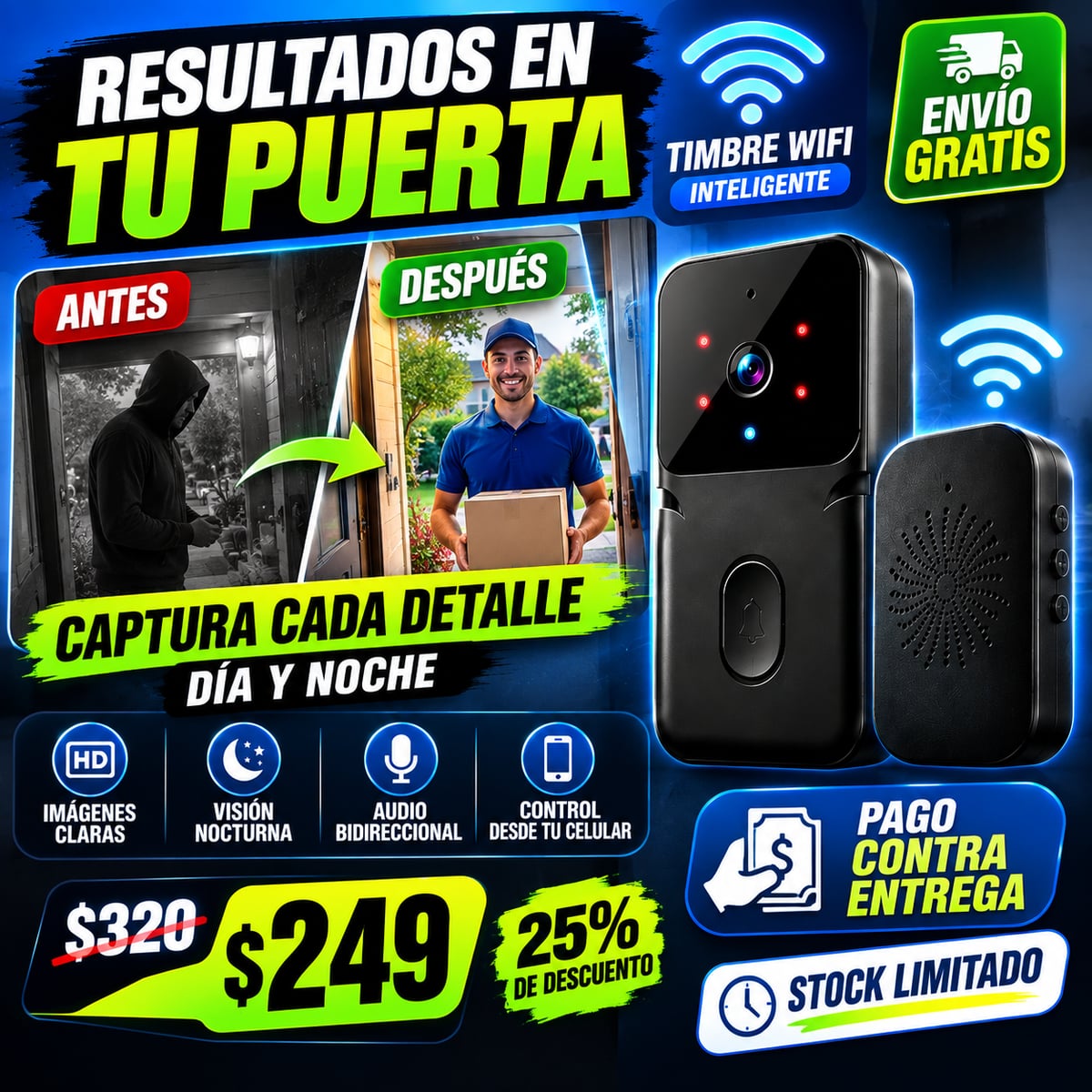 Timbre inteligente inalámbrico WIFI con cámara + ENVIO GRATIS