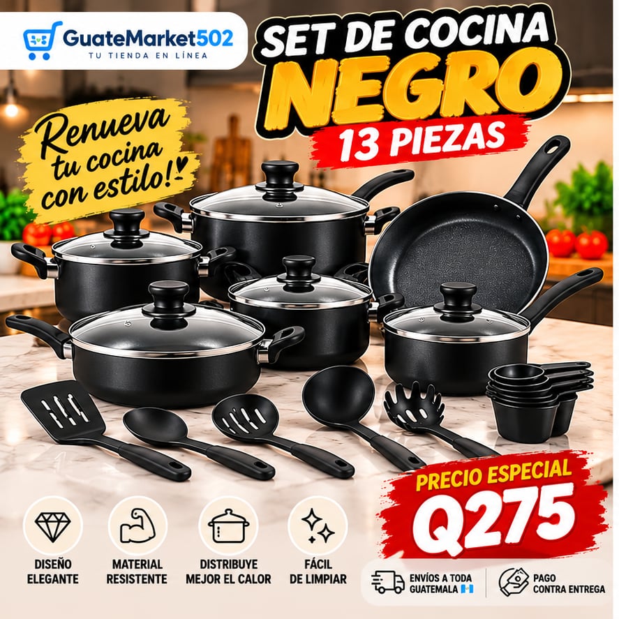 🥘 Juego Set de Cocina Negro 🍳 13 Piezas con Utensilios 🧑‍🍳🖤