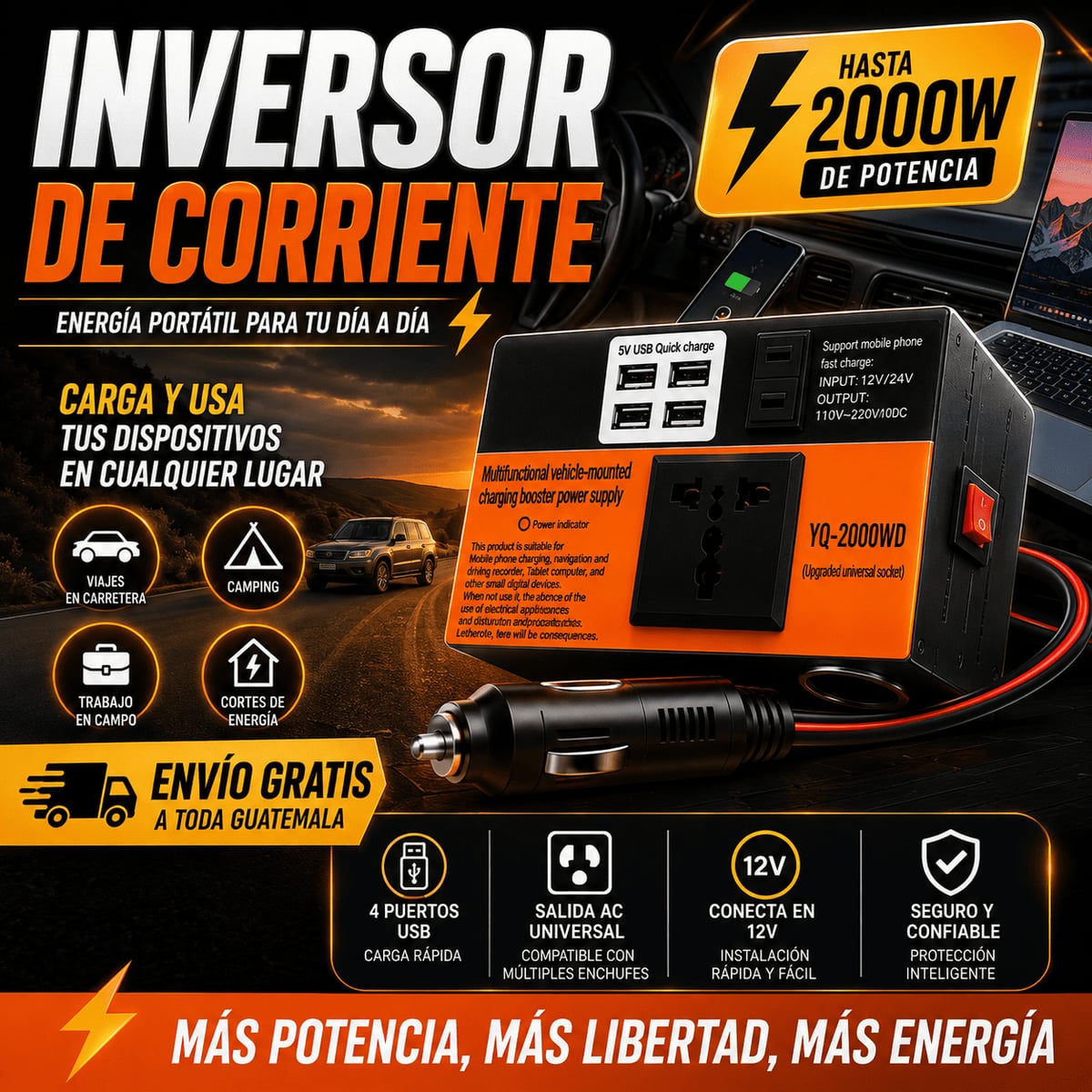 INVERSOR DE VOLTAJE 12V y 24v en 110v y 220v - Envío Gratis