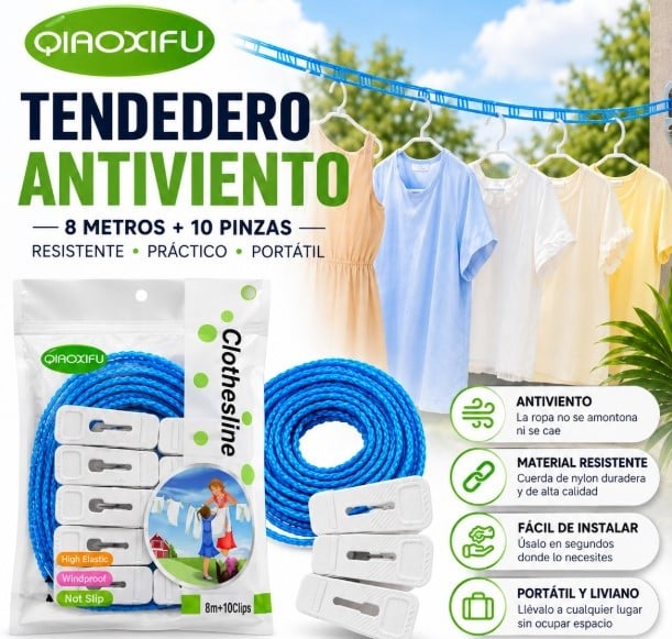 Tendedero Antiviento de 8 Metros + 10 Pinzas de Regalo | ¡Ropa Ordenada y Sin Enredos!