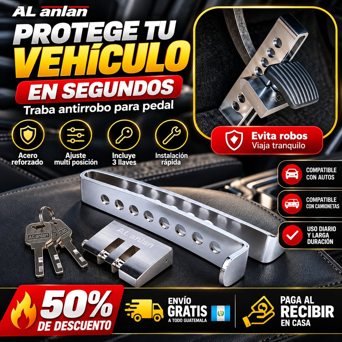 🔐 ¡PROTEGE LO QUE TANTO TE COSTÓ CONSEGUIR! 🚘 Seguro Antirrobo para Pedales con Instalación Rápida | 50% OFF 🔥ENVIO GRATIS