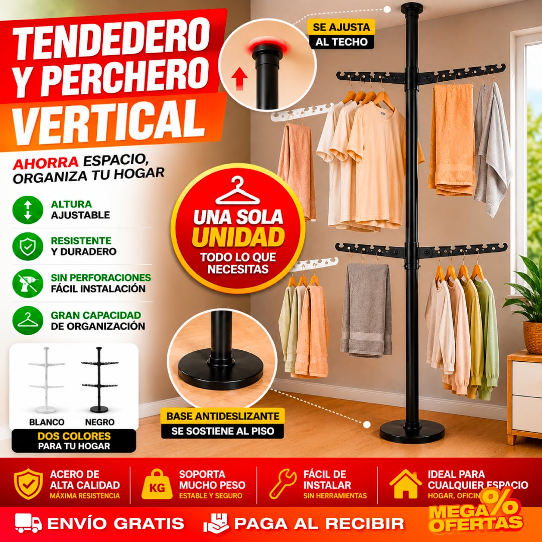 Tendero y Perchero Vertical Ajustable – Seca y Organiza tu Ropa Sin Ocupar Espacio