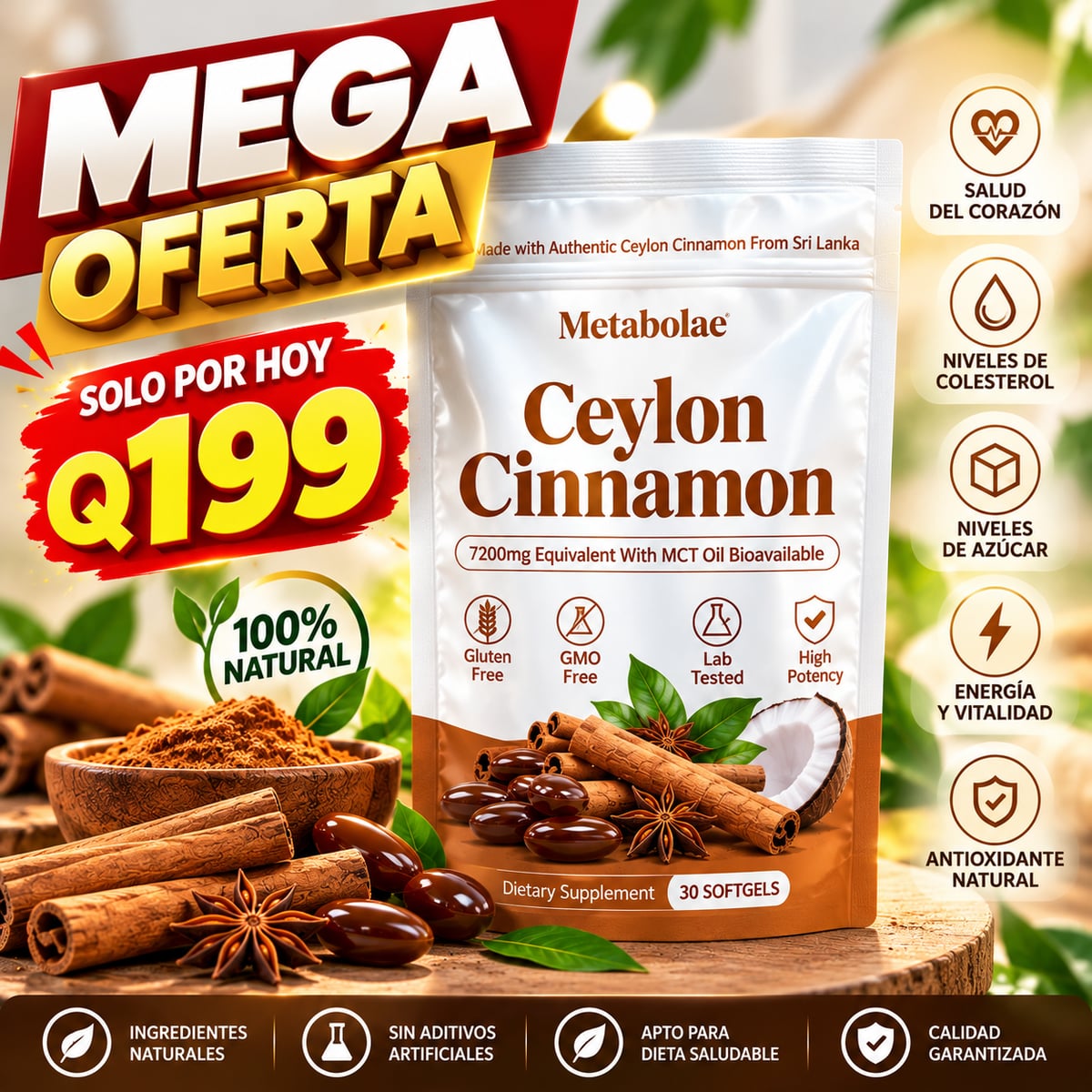 Canela de Ceilán Equivalente a 7200 mg con Aceite MCT