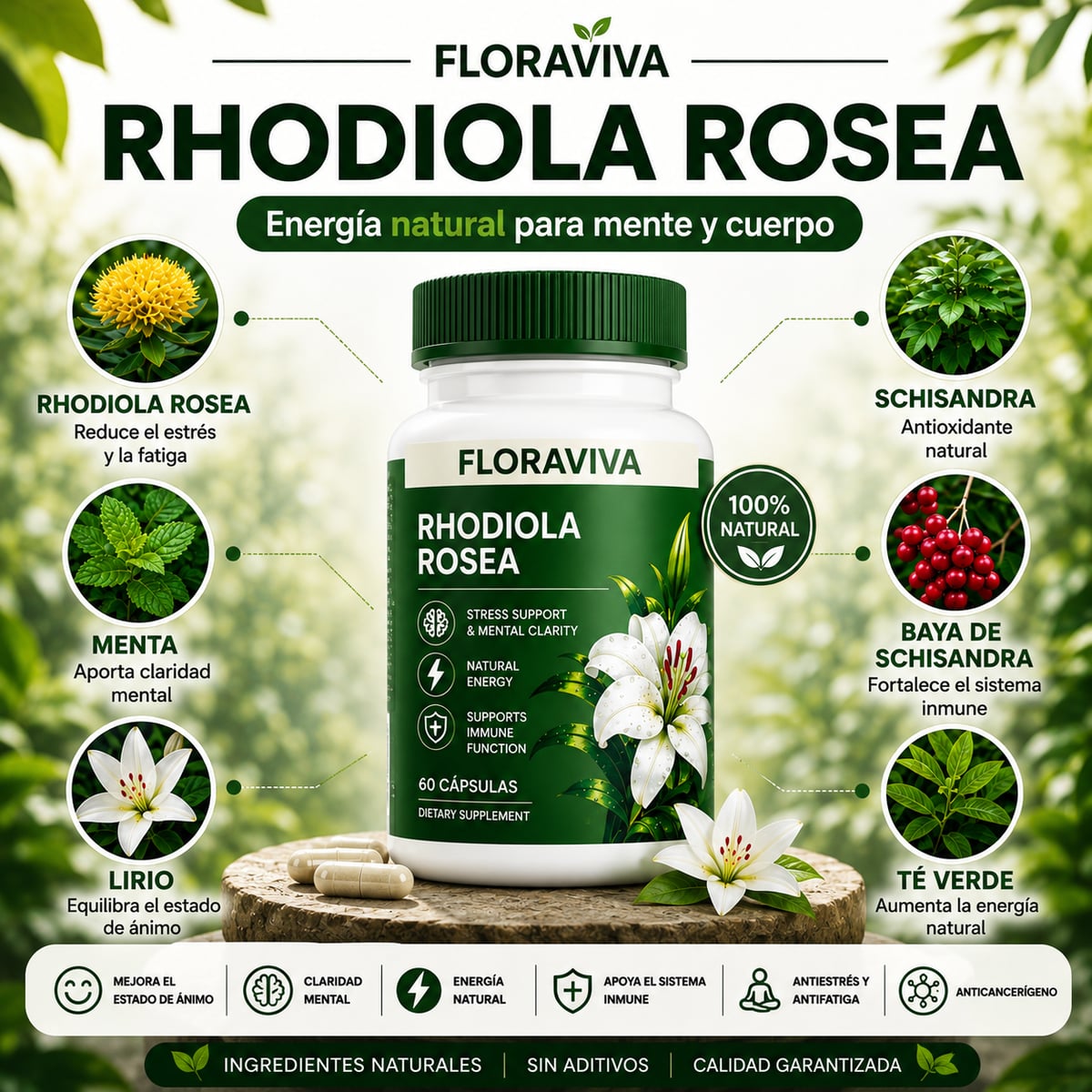 🌱 Fórmula Natural Antiestrés y Energizante Rhodiola Rosea + Té Verde + Schisandra | Equilibrio, Energía y Bienestar |🌿-60 Capsulas