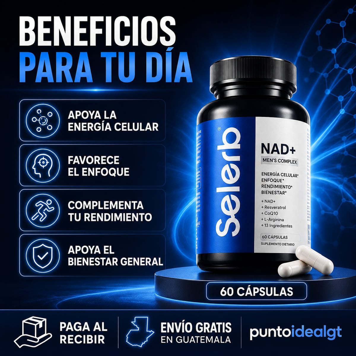 SELERB NAD+MEN'S 1000mg - Energía Real y Vitalidad Masculina Todos los Días 🔥 Lleva 2 frascos por el Pago de 1