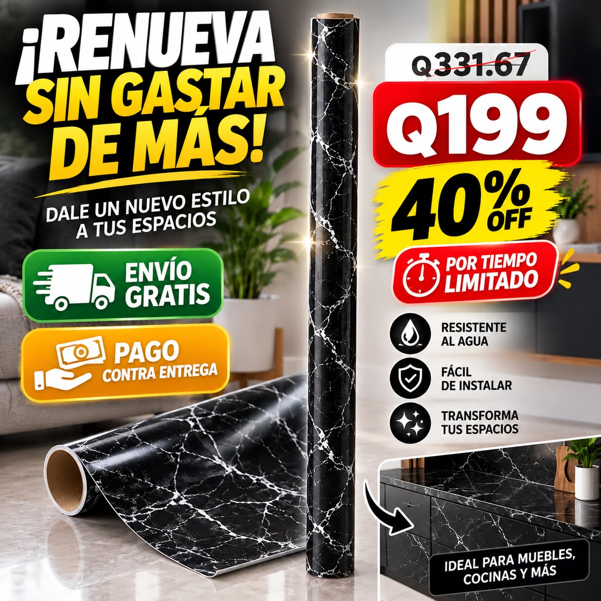 Tapiz Adhesivo Mármol Negro - Renueva tu hogar sin complicaciones