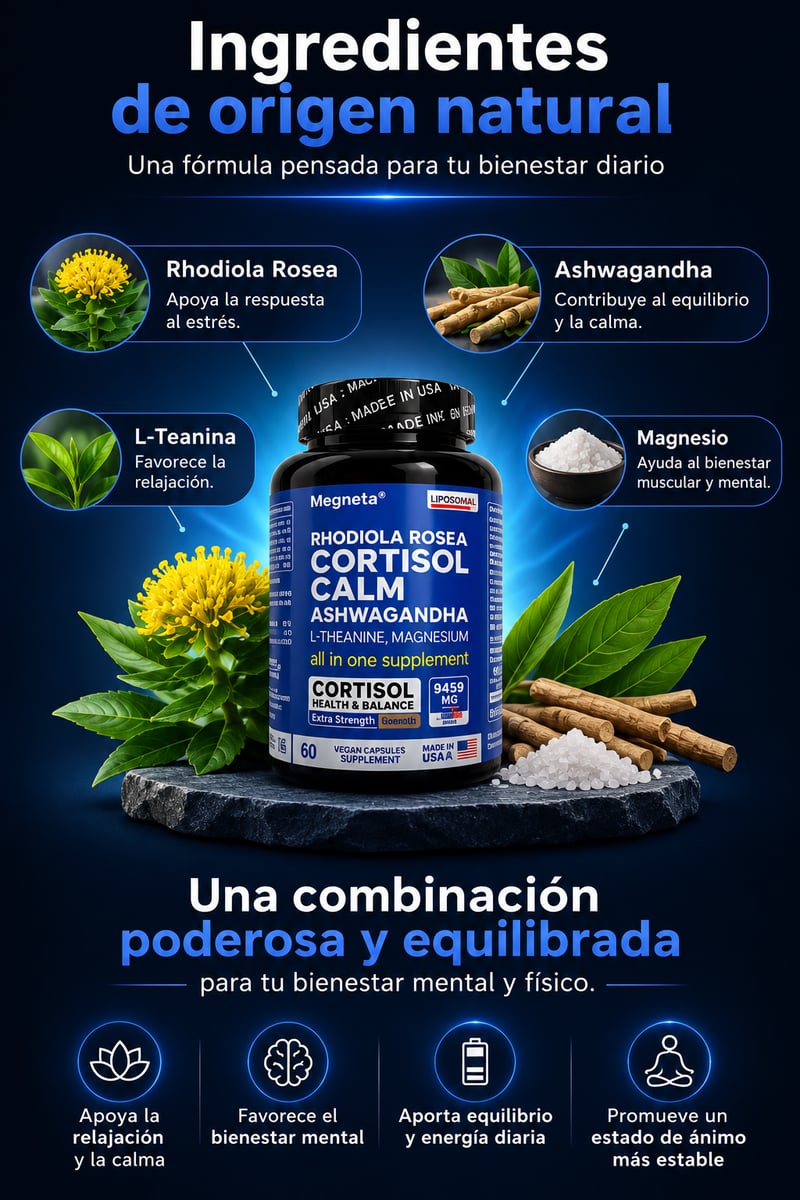 Ingredientes naturales de Cortisol Calm: rodiola, ashwagandha, L-teanina y magnesio
