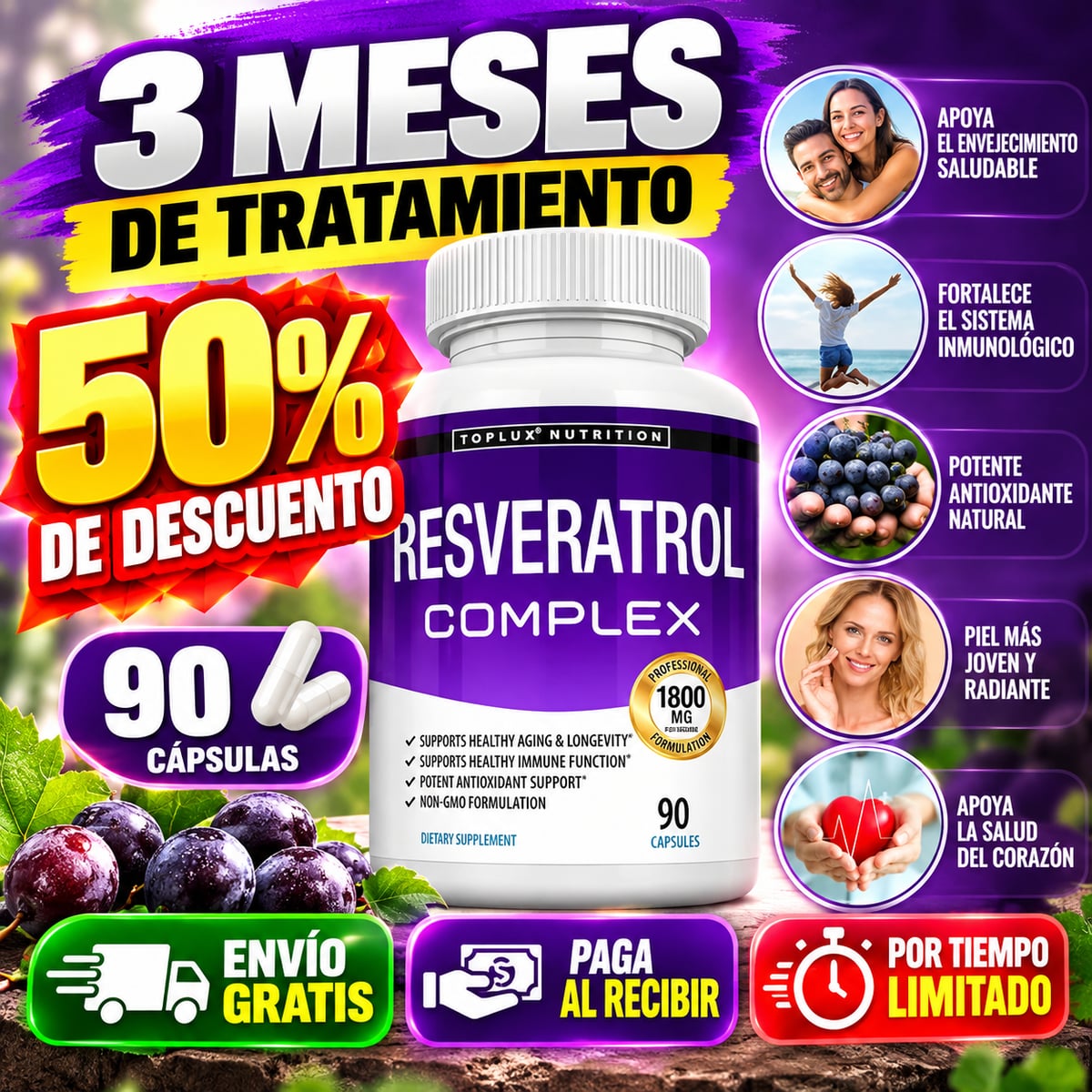 Resveratrol Complex – 90 Cápsulas | Hasta 3 Meses de Uso