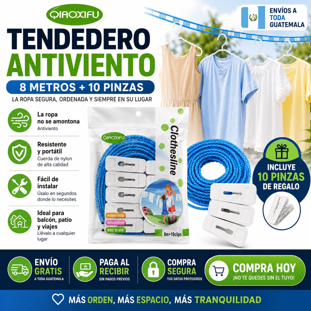 Tendedero PRO 8M™ | +10 Pinzas GRATIS | Más Espacio y Orden