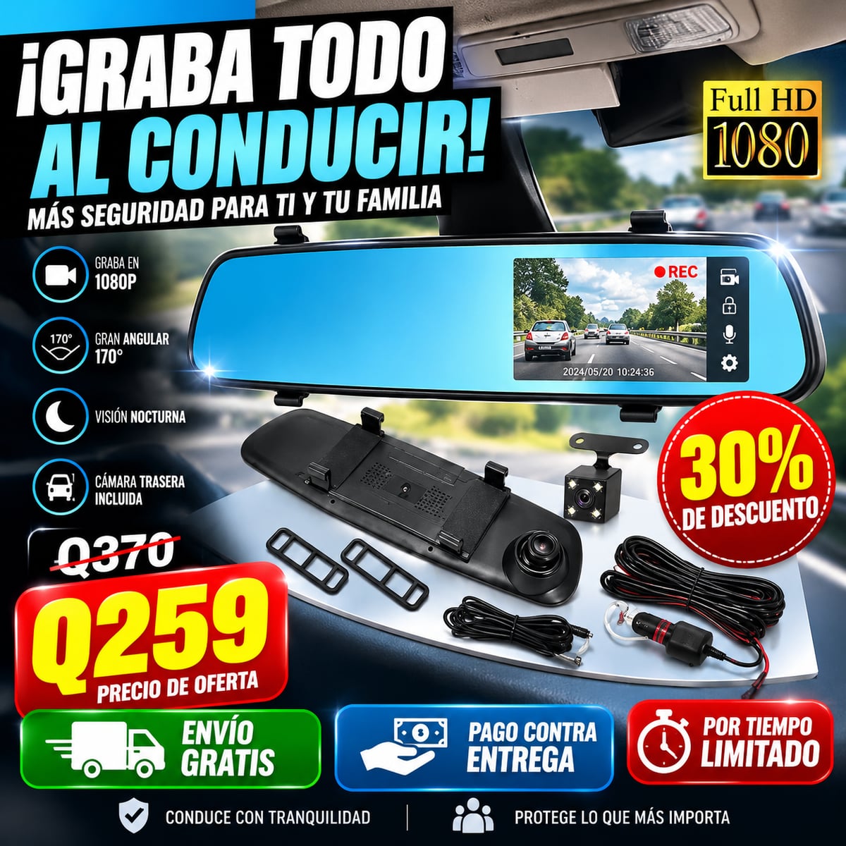 Espejo Retrovisor DVR 4.3 PREMIUN 3 en 1   