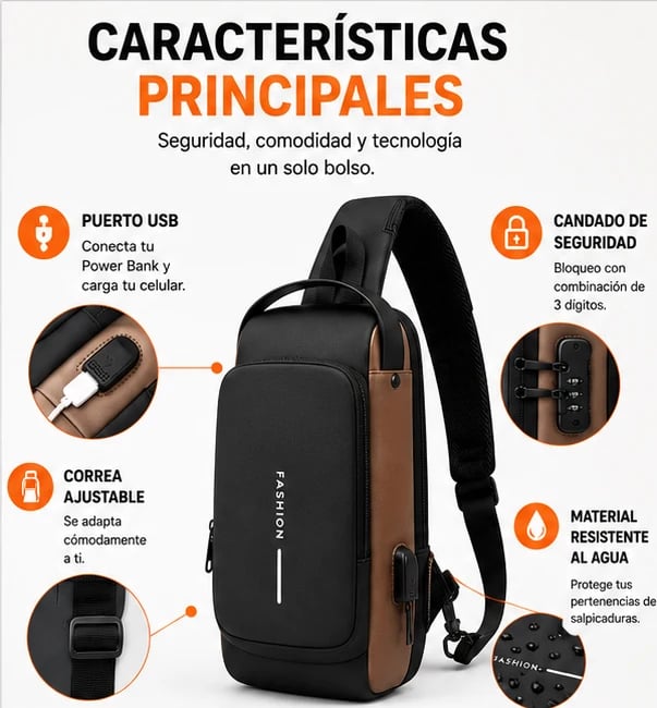 Bolso Inteligente Antirrobo con Puerto Usb y Candado para Colocar Clave Secreta