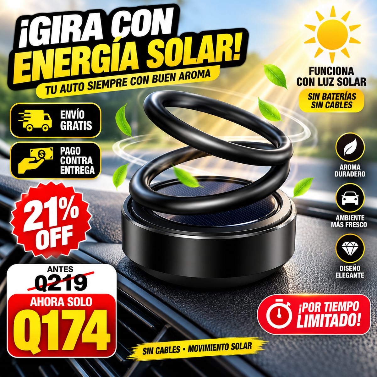 🚗 SolarSpin™ Difusor aromatizante Solar Giratorio para Auto (Solo color NEGRO)