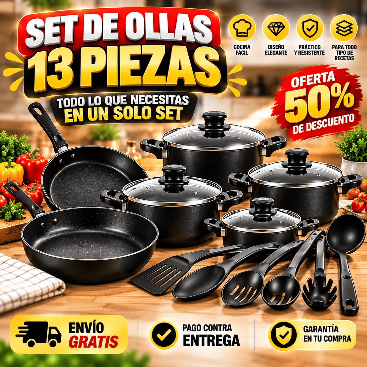 Set de ollas antiadherentes y utensilios de cocina (13 piezas)