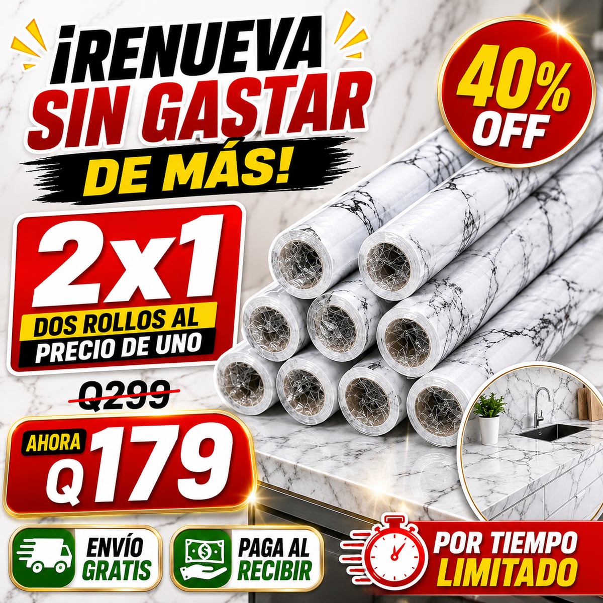 ¡Papel Autoadhesivo Mármol — 3M Largo x 1.5 CM Ancho! (Pack 2x1)