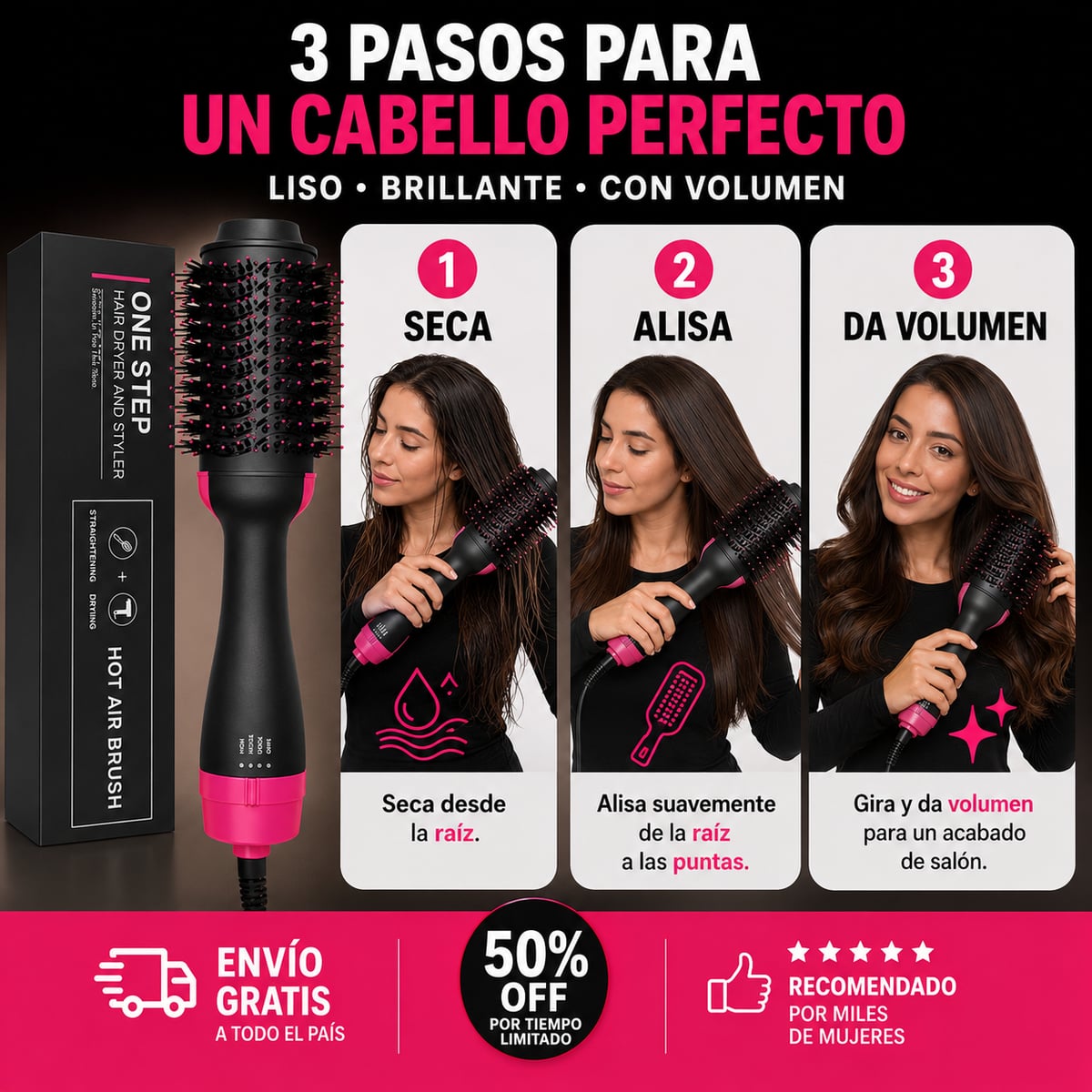 Cepillo secador 3 en 1 - SECA ALISA Y DA VOLUMEN