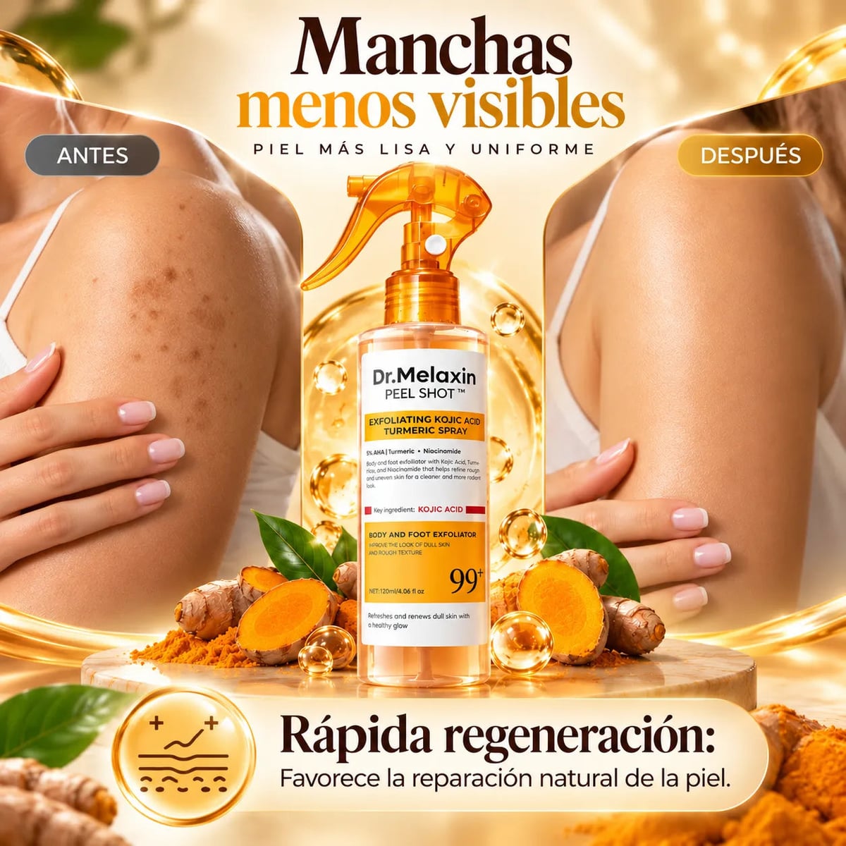 Dr. Melaxin PeelShot™ | Spray exfoliante corporal: atenúa manchas oscuras y suaviza tu piel sin esfuerzo