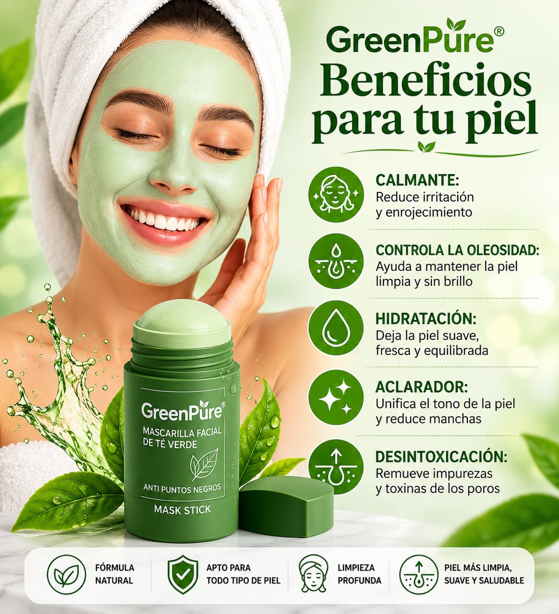 ULTIMAS UNIDADES - GreenPure® - Mascarilla Facial de Té Verde Anti Puntos Negros + ENVÍO GRATIS 🎁