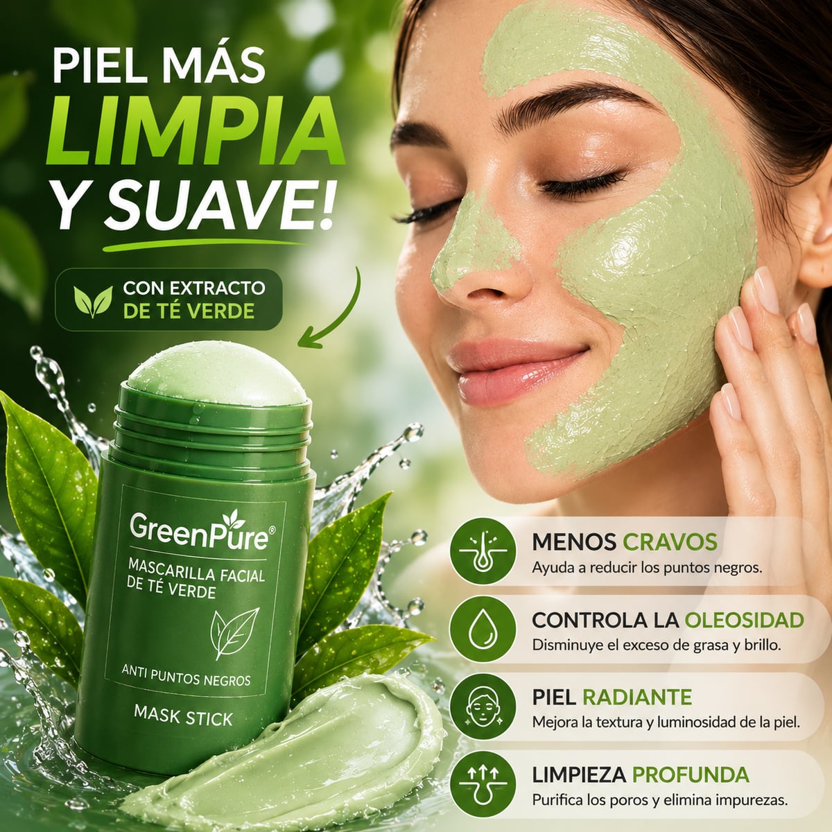 ULTIMAS UNIDADES - GreenPure® - Mascarilla Facial de Té Verde Anti Puntos Negros + ENVÍO GRATIS 🎁