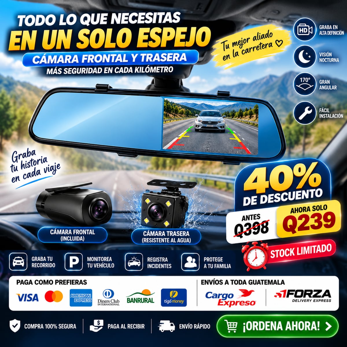 DRIVEVISION 360™ | ESPEJO RETROVISOR INTELIGENTE CON CÁMARA DELANTERA Y TRASERA HD + ENVIO GRATIS