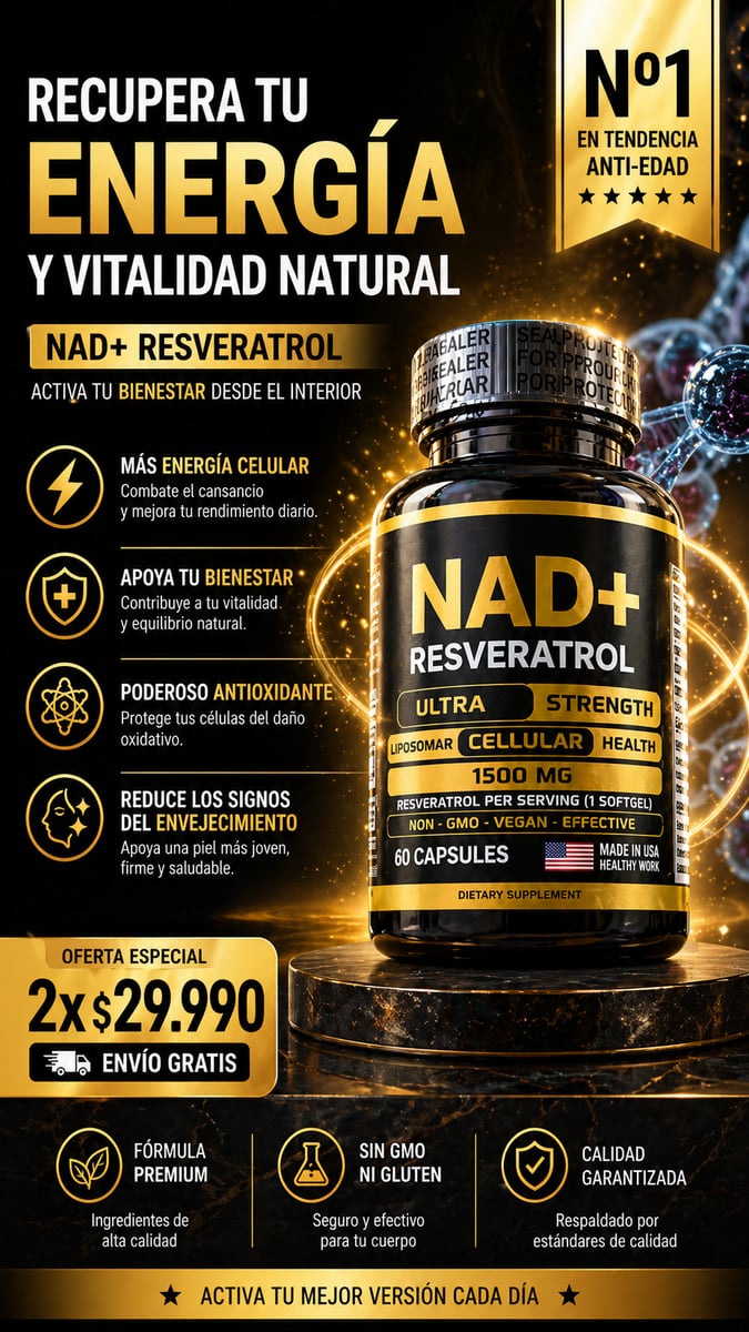 ✨ Resveratrol + NAD Premium Revierte el envejecimiento celular en 4-6 semanas con la Tecnología de Doble Activación: NAD+ repara tu ADN dañado + Resveratrol enciende tus proteínas de juventud