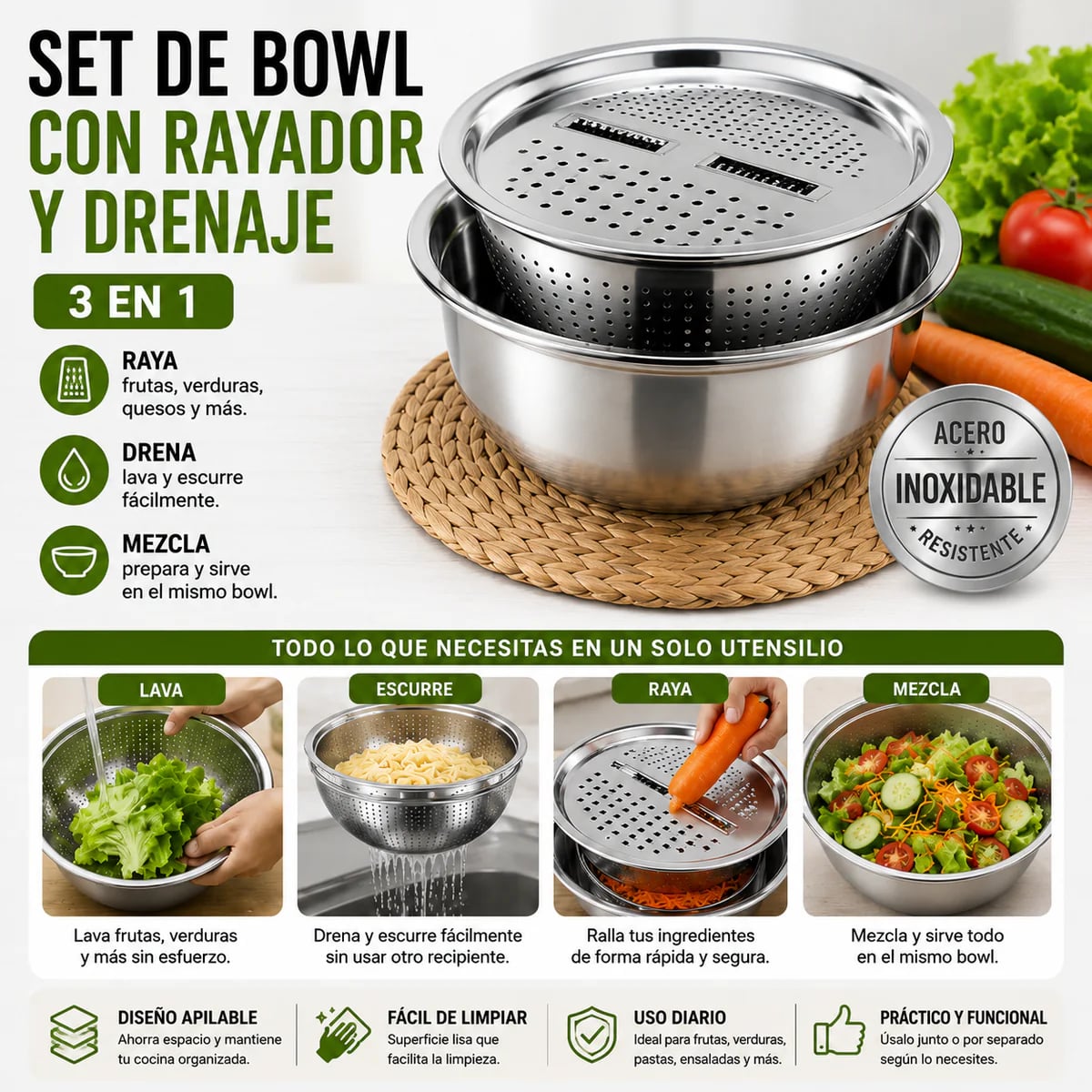 Set Bowl con Colador y Rayador 3L – Tapa Perforada, Escurridor y Rayador