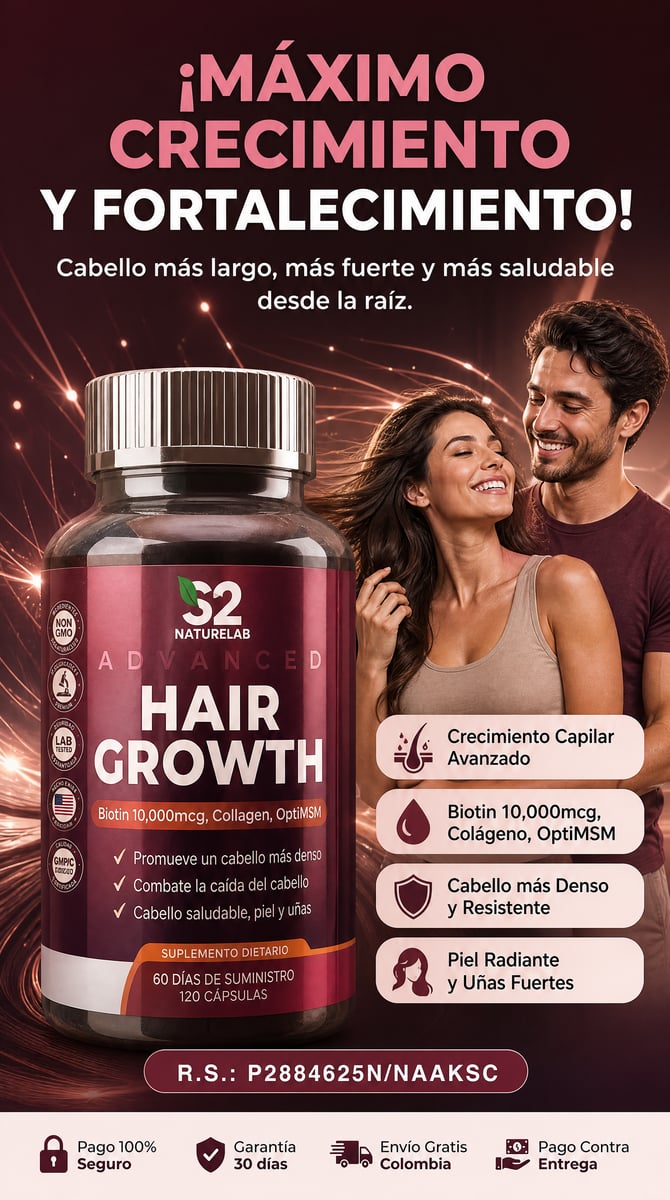 ¡HAIR GROWTH ADVANCED - SIN AZUCAR - LOGRA UN CABELLO DE ENSUEÑO DESDE LOS PRIMEROS 7 DÍAS! 120 capsulas