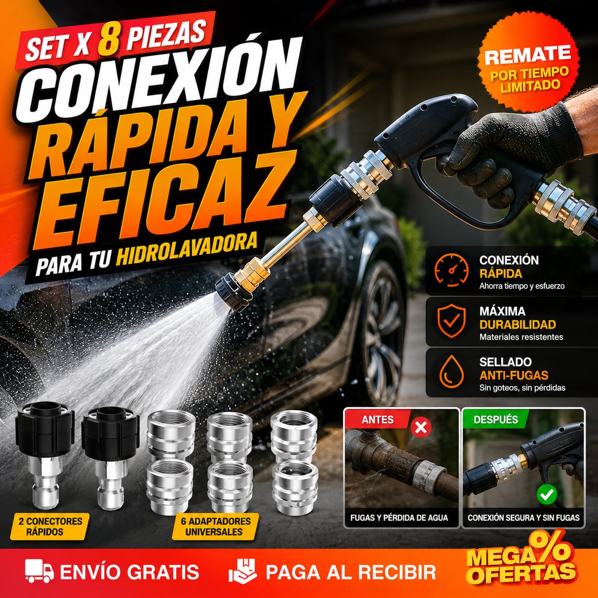 Set x8 piezas Adaptador Conector Para Hidro Lavadora A Presión Acero Inoxidable